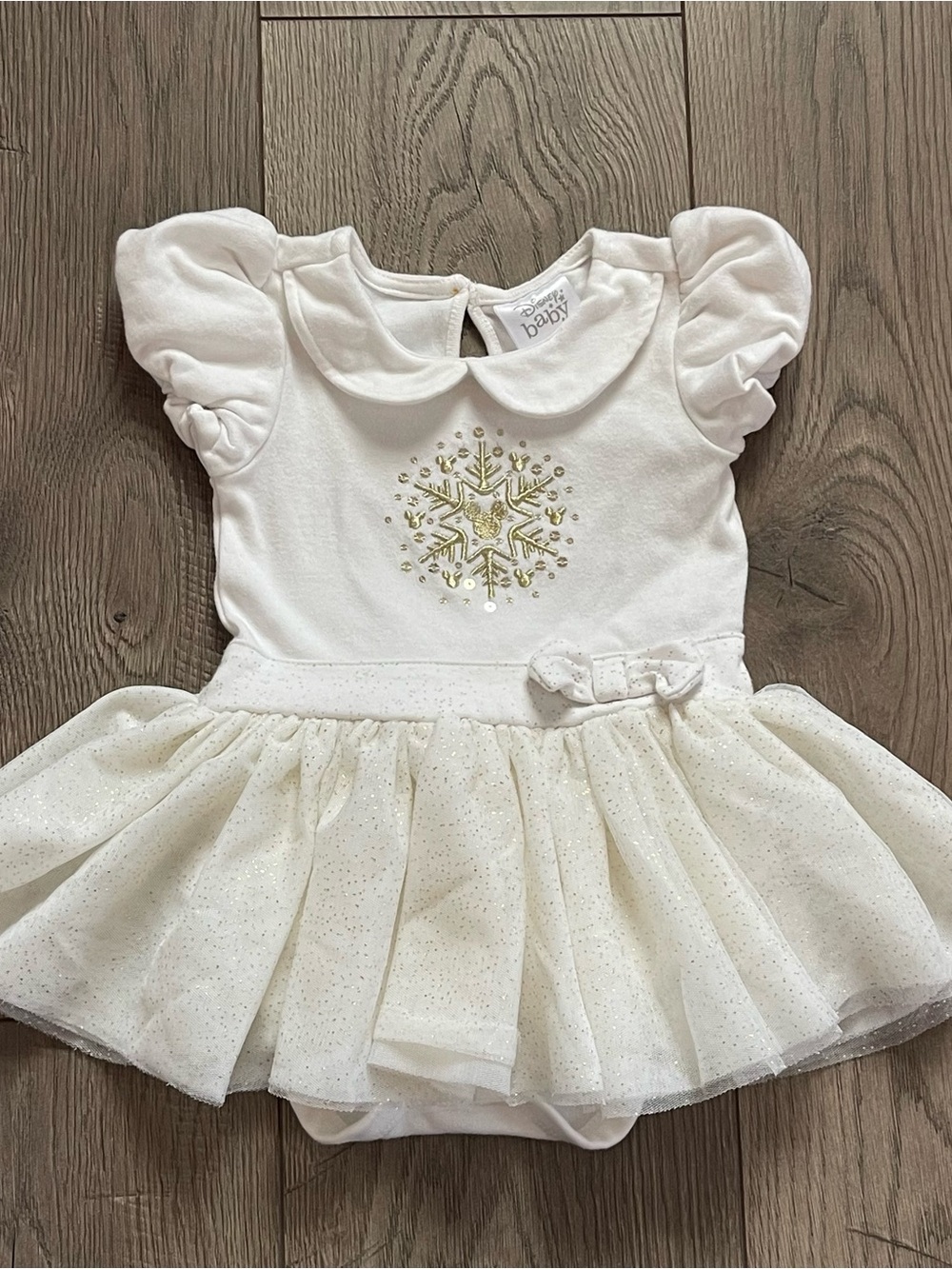 Disney Store Minnie Mouse White Gold Snowflake Tutu Tulle 18-24m Bodysuit Romper